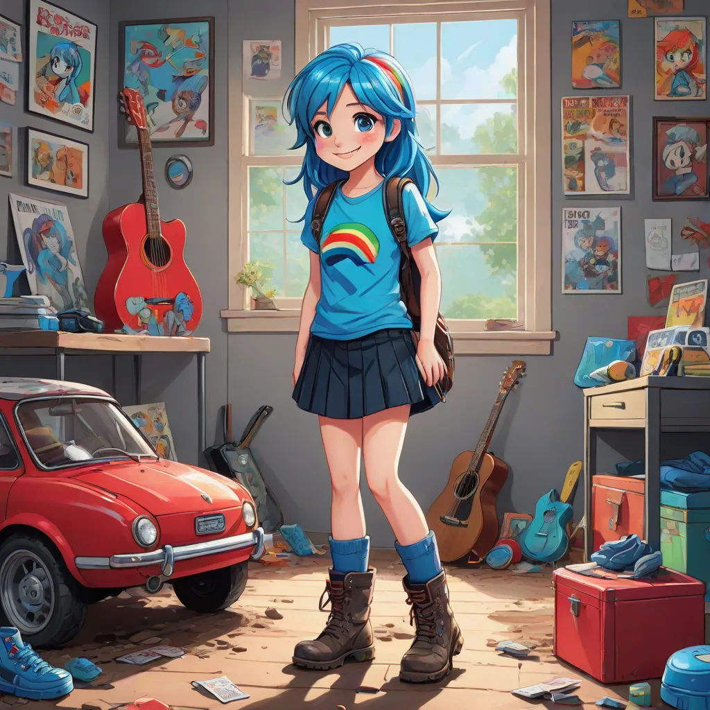 a girl with blue hair and a backpack standing in a room with a red car and a red suitcase, a detailed painting, artist, remodernism, official art