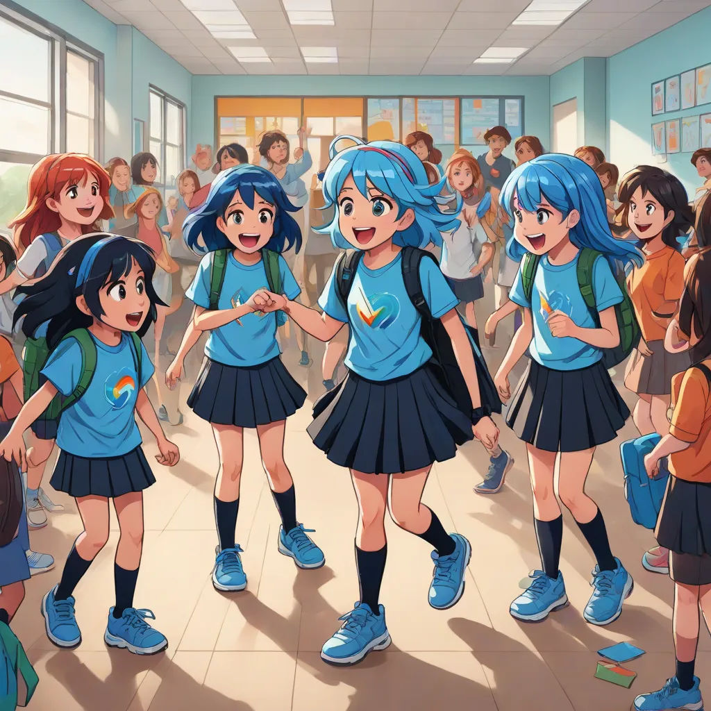 a group of young girls standing next to each other in a classroom with a crowd of people watching them, concept art, Aya Goda, rayonism, official art