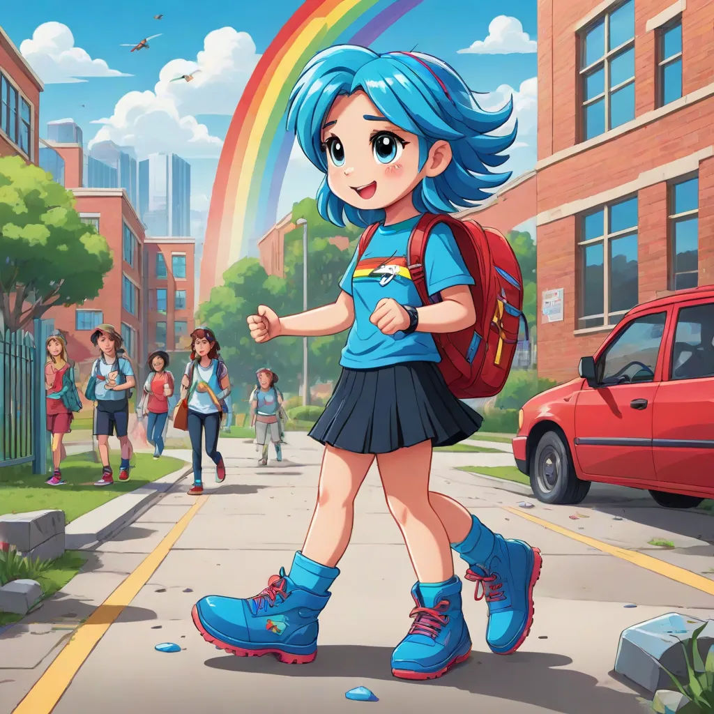 a girl with blue hair and a backpack walking down a street with a rainbow in the background and a group of people walking down the street, a storybook illustration, Ada Hill Walker, paris school, rossdraws global illumination