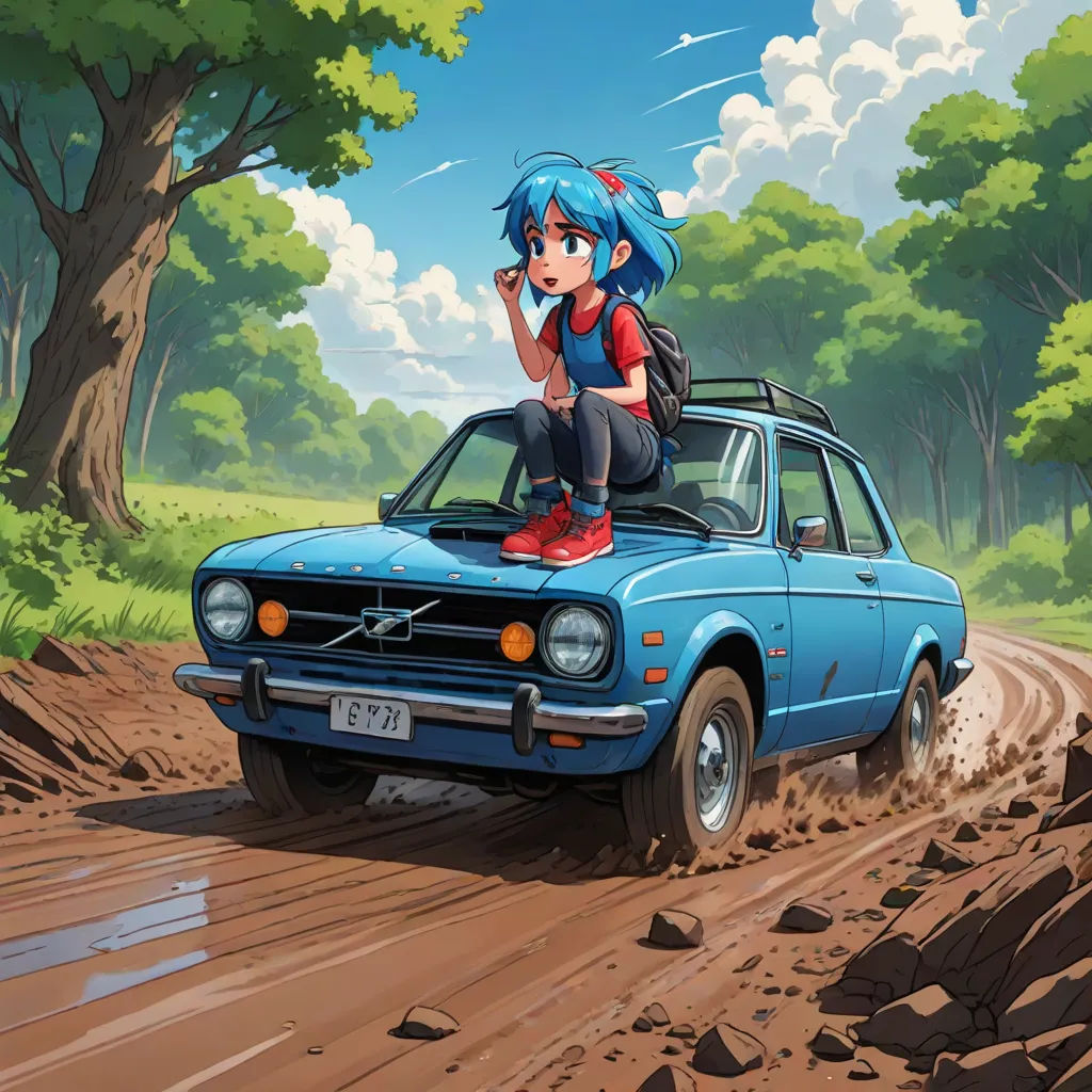 a cartoon girl sitting on the hood of a car in the dirt with trees in the background and a dirt road, a detailed painting, Cliff Childs, serial art, trending on art station