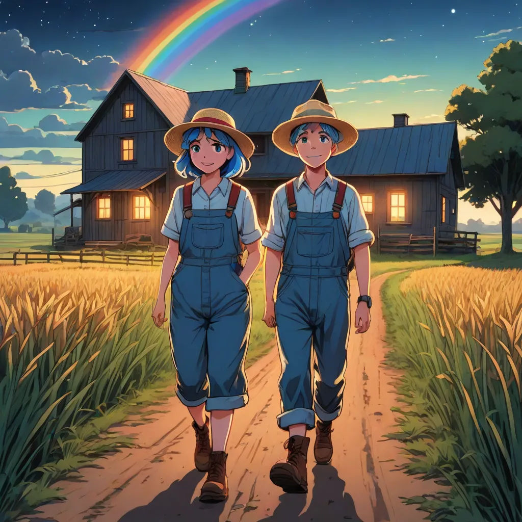 two people walking down a dirt road in front of a house with a rainbow in the sky above them, poster art, Aya Goda, color field, official art