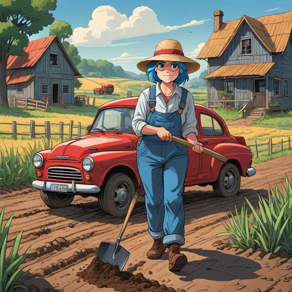 a woman is digging dirt in front of a red car with a shovel in it and a farm in the background, computer graphics, Akira Toriyama, american scene painting, official art