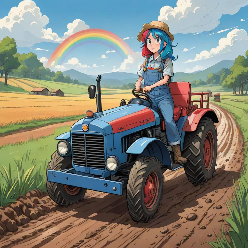 a cartoon girl riding a tractor on a dirt road with a rainbow in the background and a rainbow in the sky, computer graphics, Akira Toriyama, color field, official art