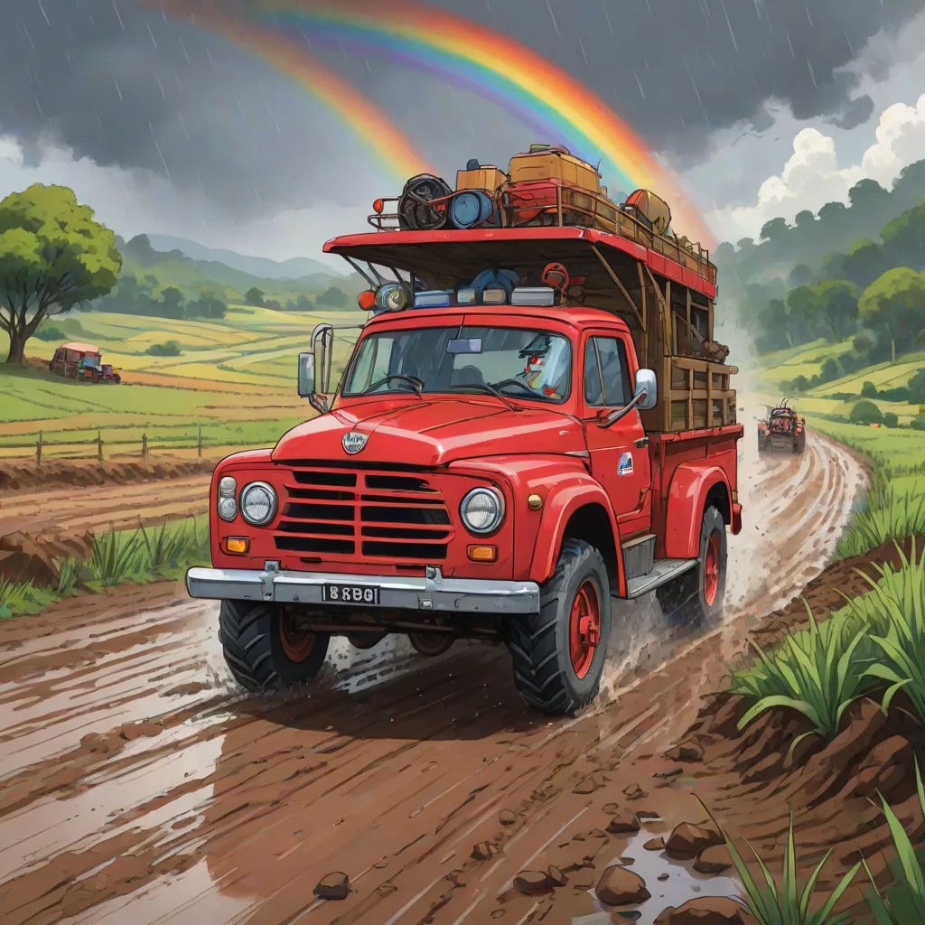 a red truck driving down a dirt road under a rainbow colored sky and clouds above it is a rainbow, an ultrafine detailed painting, F Scott Hess, american scene painting, official art