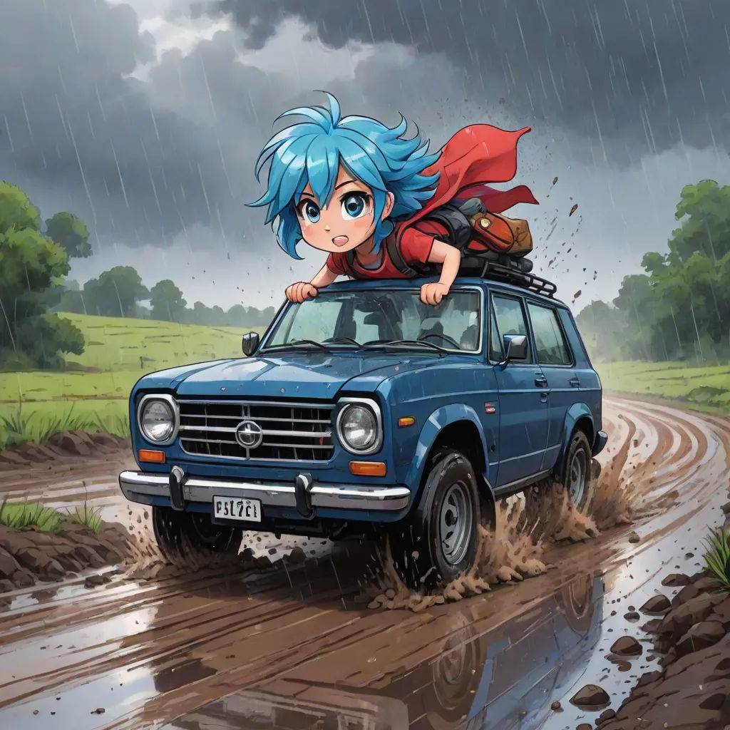 a cartoon girl is riding on top of a car in the rain with a suitcase on her roof and a suitcase on top of her head, a detailed painting, Akira Toriyama, serial art, official art