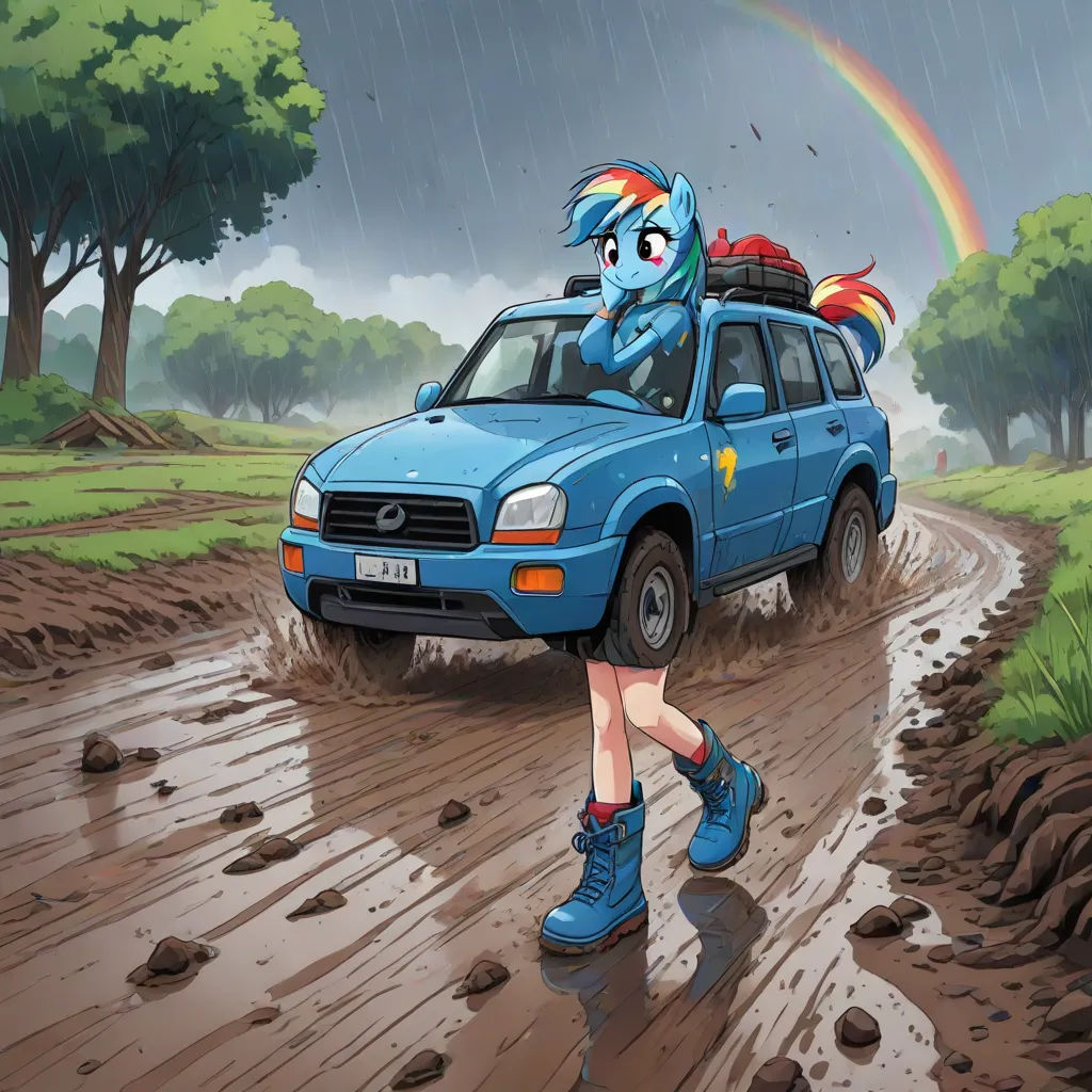 a cartoon of a woman walking in the rain with a car on her back and a rainbow in the background, a fine art painting, Dan Mumford, environmental art, official art
