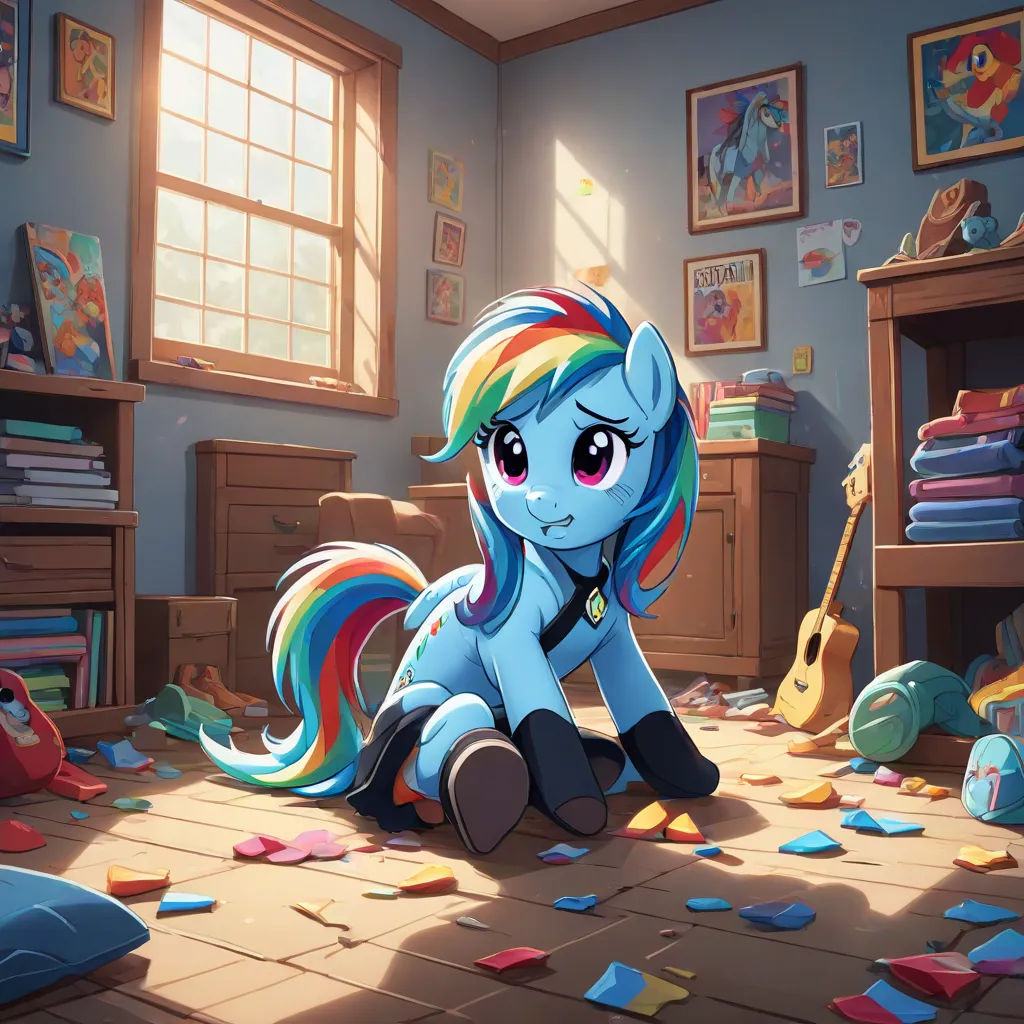 a pony sitting on the floor in a room with a guitar and toys scattered around it and a window, a fine art painting, David Teniers III, auto-destructive art, official art