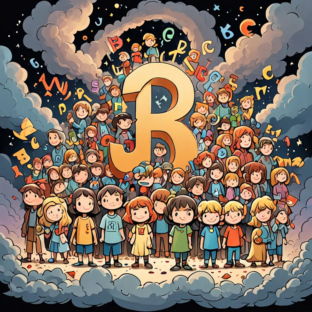a group of children standing in front of a letter b surrounded by clouds and stars with the letter b in the middle, letterism, a storybook illustration, Asaf Hanuka, 2 d game art