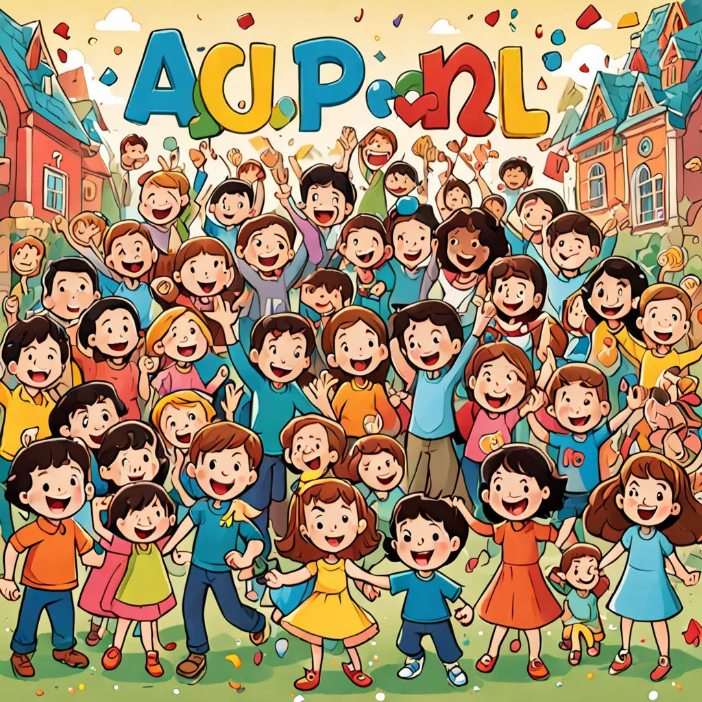 a group of children celebrating with the words acp - n l in the background illustration by john wyborn, danube school, a storybook illustration, Arthur Pan, promotional image