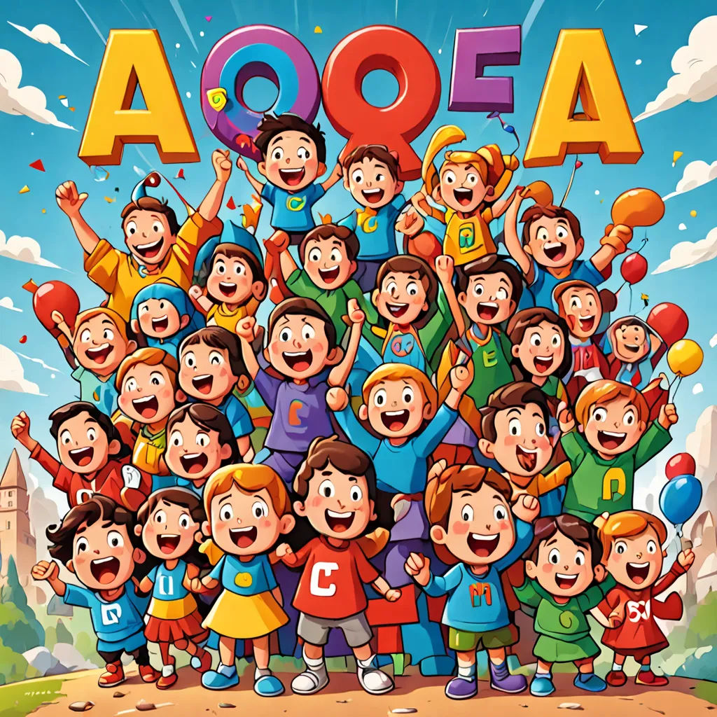 a group of children with the word aoga above them and balloons in the air above them are a group of children, art & language, a storybook illustration, Art & Language, furaffinity