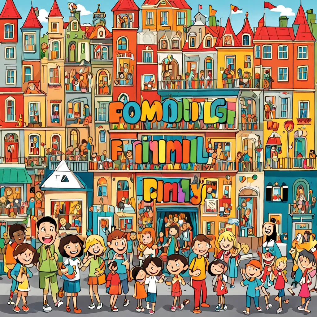 a large group of people standing in front of a building with a sign that says coming to town busy, naive art, a storybook illustration, Florence Engelbach, furaffinity