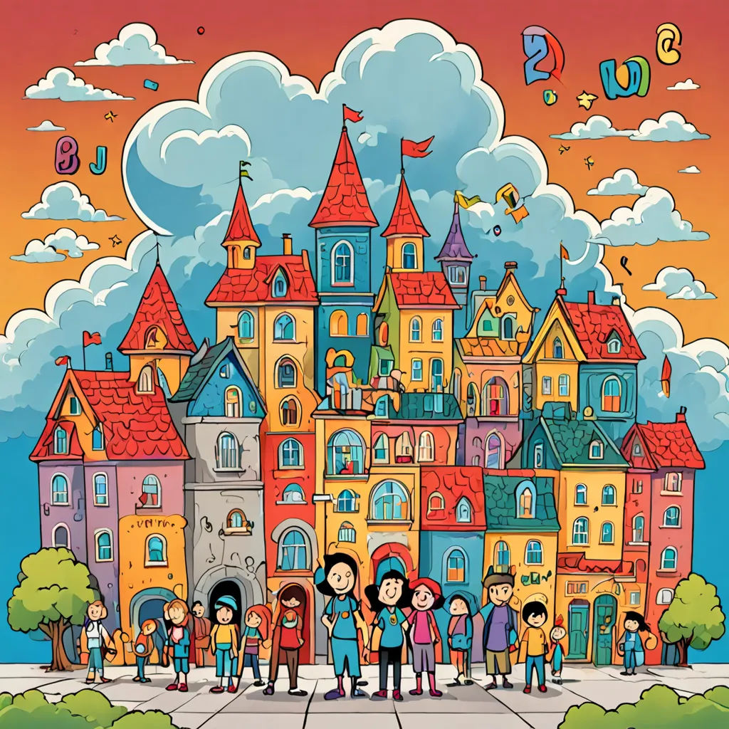 a group of people standing in front of a castle with a sky background and clouds above it, with a number of people standing in front of the castle, danube school, a storybook illustration, Camille Bouvagne, storybook illustration