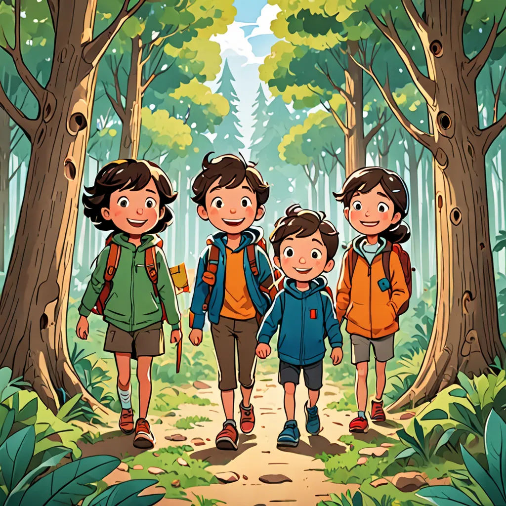 a group of children walking through a forest together with backpacks on their shoulders and a backpack on their shoulder, private press, a storybook illustration, Diego Gisbert Llorens, promotional image