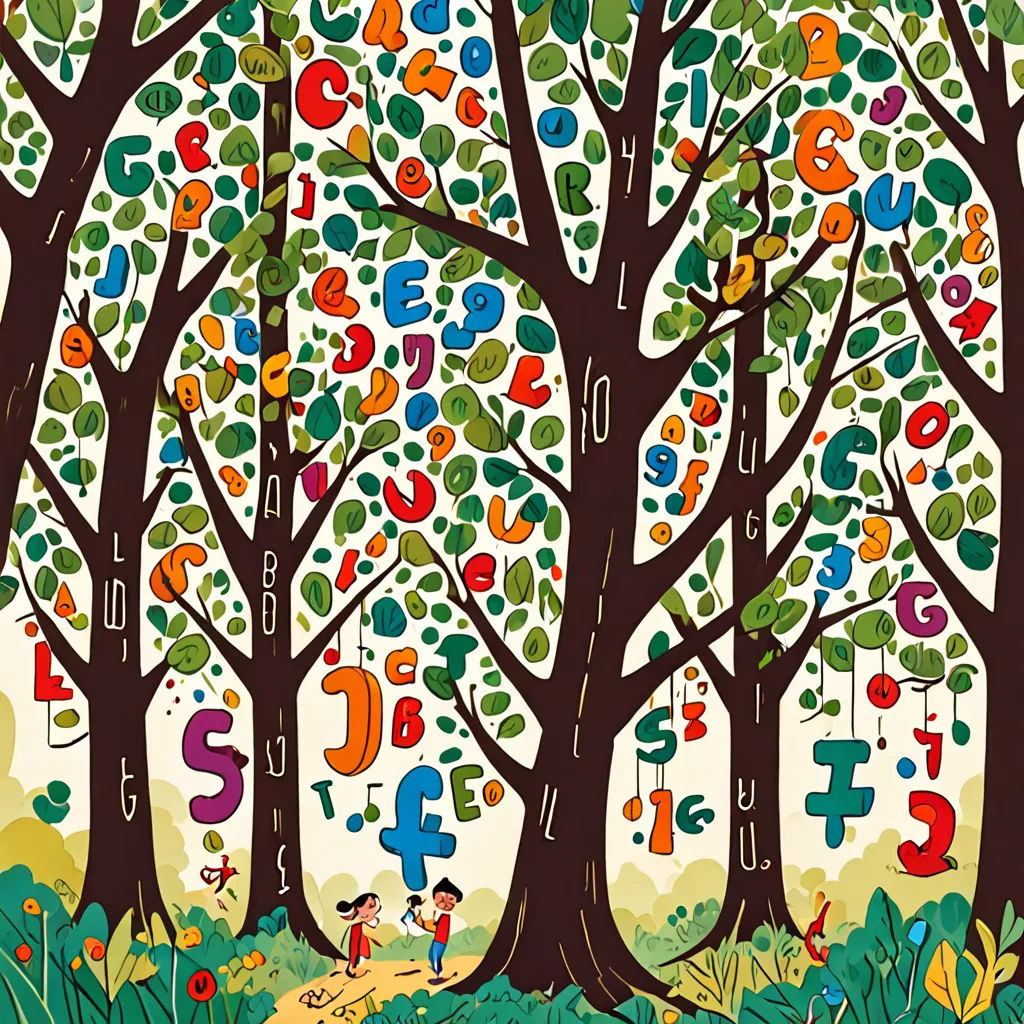 a painting of a tree with numbers and numbers on it's branches and a person walking in the distance, art & language, a storybook illustration, Art & Language, storybook illustration