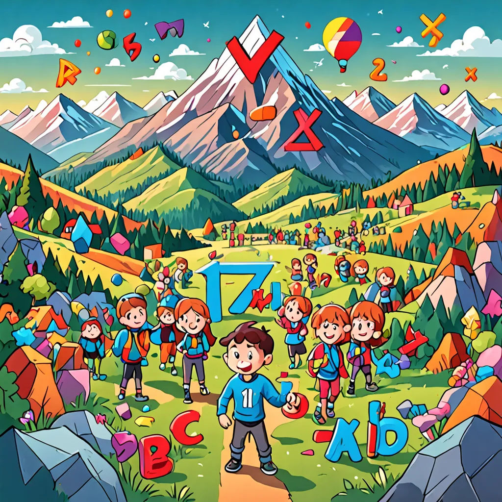 a group of children standing in front of a mountain with a number seven on it and a mountain in the background, lyco art, a storybook illustration, Diego Gisbert Llorens, rossdraws global illumination