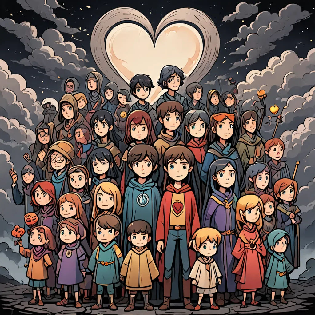 a group of people standing in front of a heart shaped object with a sky background and clouds in the background, sots art, poster art, Aya Goda, official art