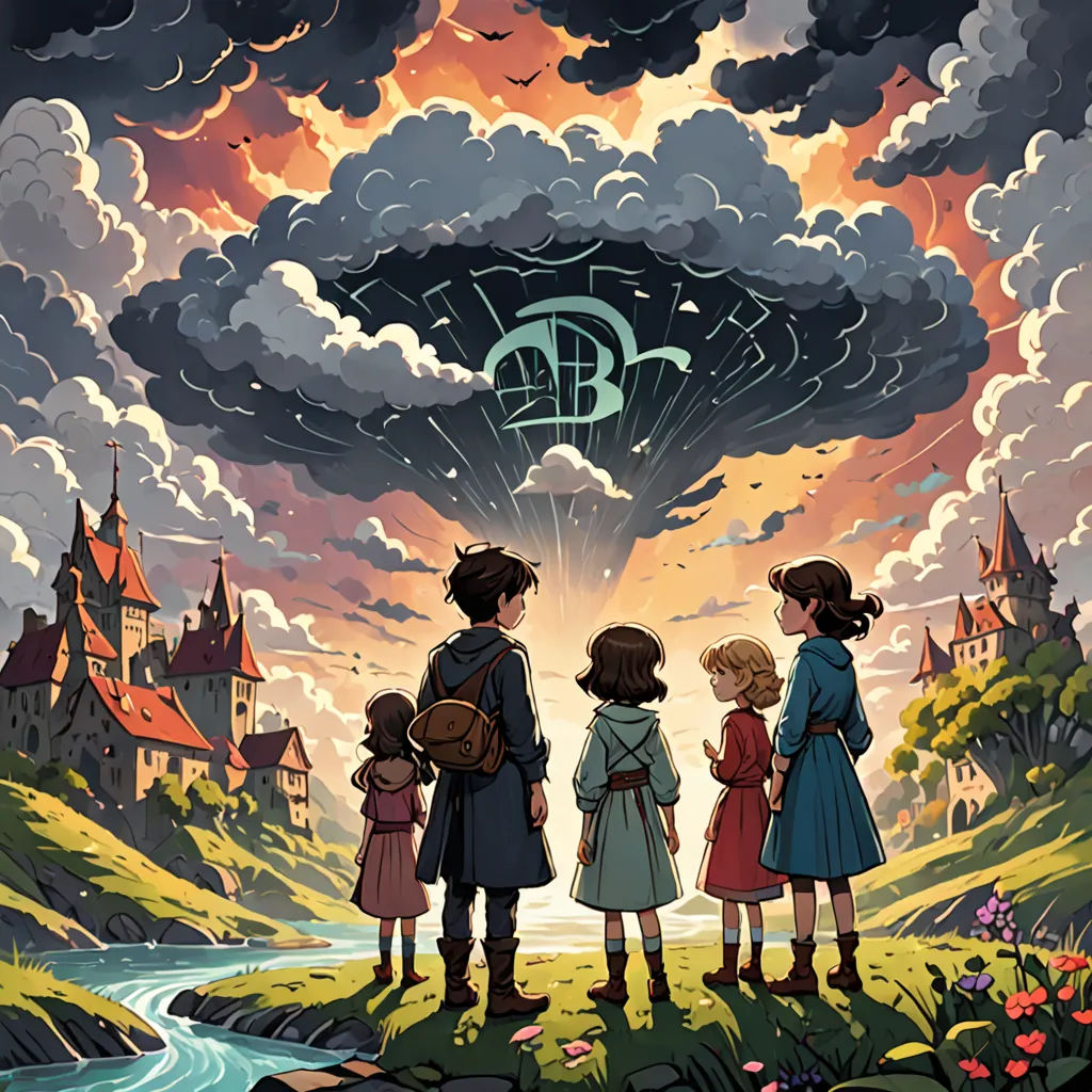 a group of children standing in front of a sky with a large object in the background and a river running through it, fantasy art, a storybook illustration, Diego Gisbert Llorens, promotional image