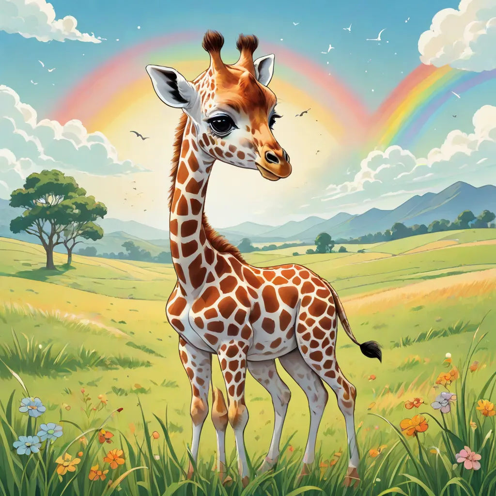 a giraffe standing in a field with a rainbow in the background and a tree in the foreground, a character portrait, Chris LaBrooy, pop surrealism, furaffinity