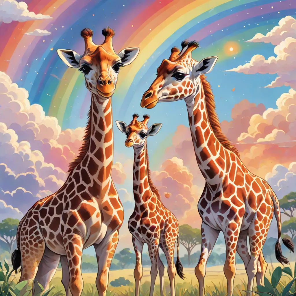 a group of giraffes standing in a field under a rainbow colored sky with clouds and a rainbow, a storybook illustration, Chris LaBrooy, pop surrealism, furaffinity