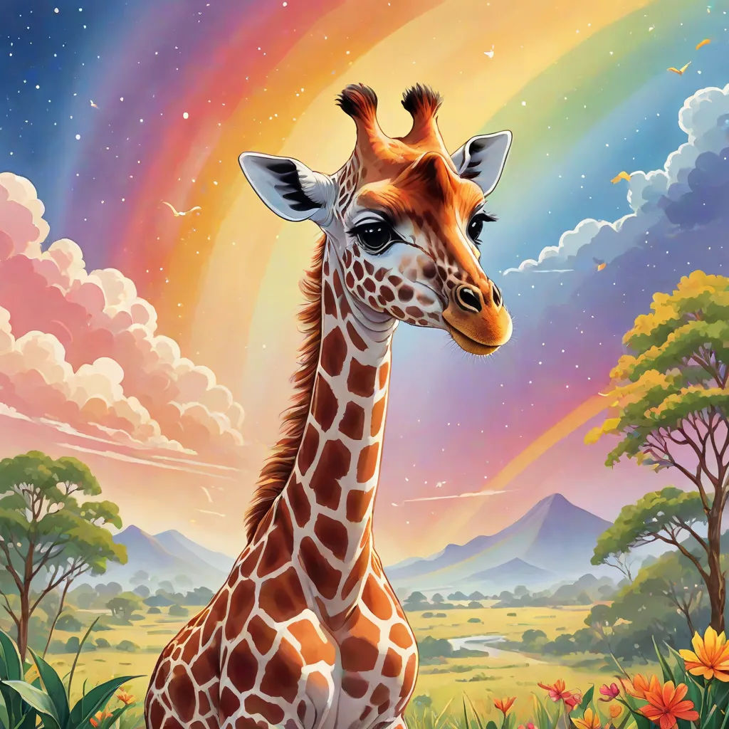 a giraffe sitting in a field with a rainbow in the background and clouds in the sky above, an airbrush painting, Chris LaBrooy, pop surrealism, furaffinity