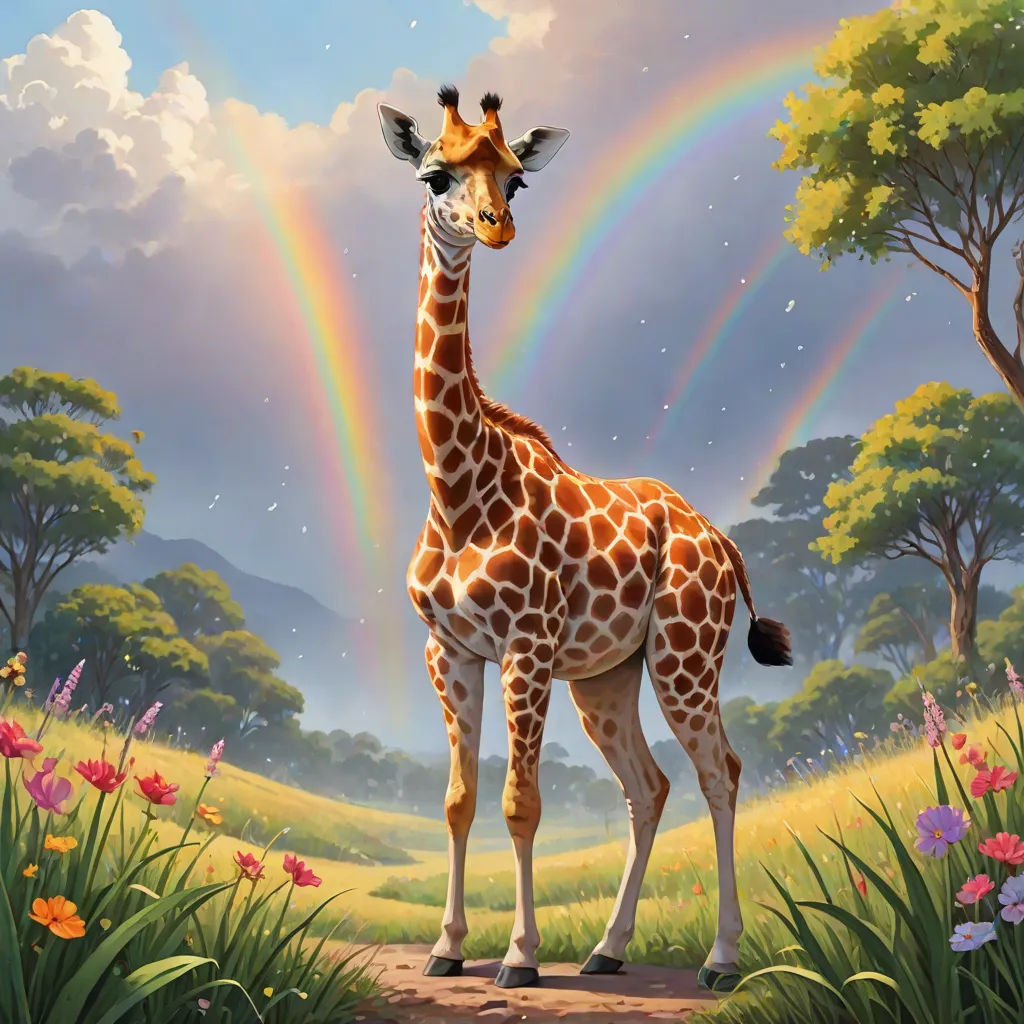 a giraffe standing in a field with a rainbow in the background and trees and flowers around it, a storybook illustration, Chris LaBrooy, pop surrealism, rossdraws global illumination