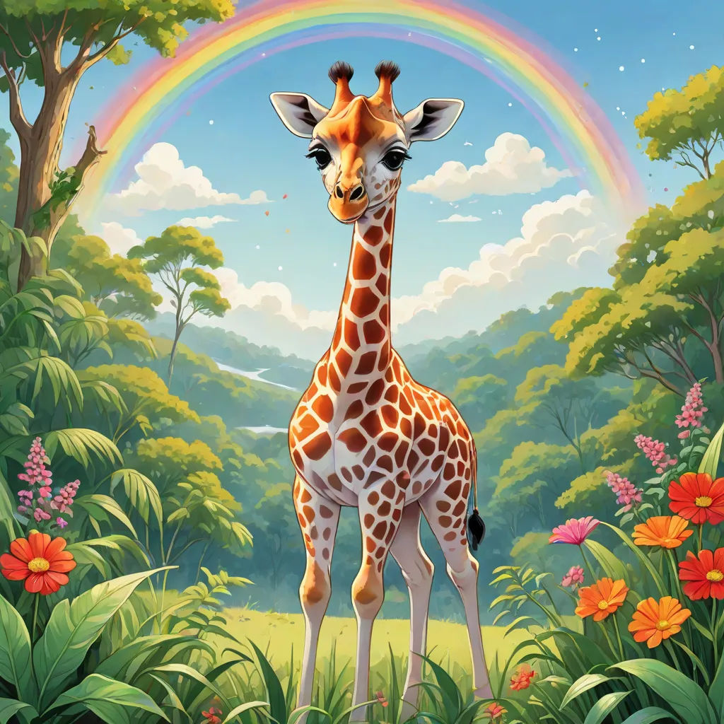a giraffe standing in a lush green forest under a rainbow filled sky with clouds and flowers in the foreground, a storybook illustration, Chris LaBrooy, pop surrealism, rossdraws global illumination