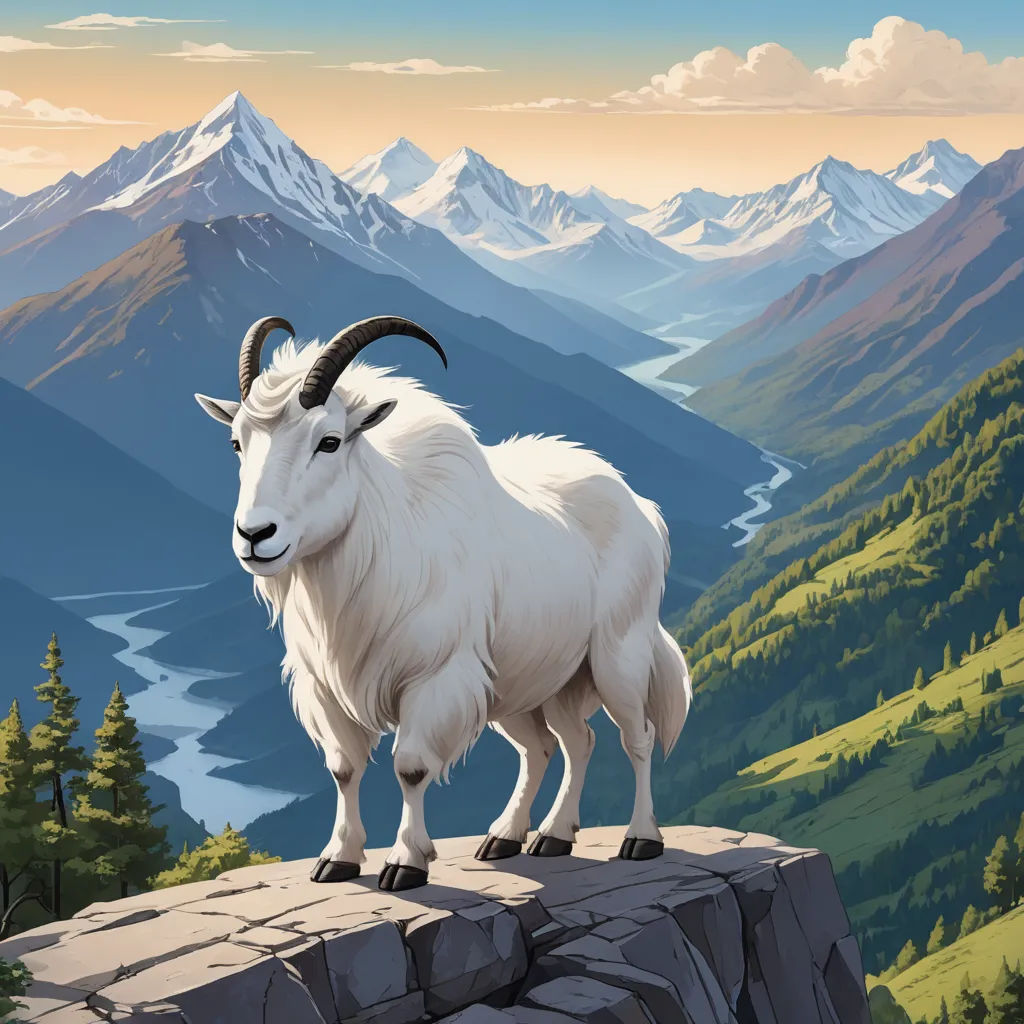 a mountain goat standing on a rock ledge with mountains in the background and a river running through the valley, environmental art, an ultrafine detailed painting, Chris LaBrooy, highly detailed digital painting