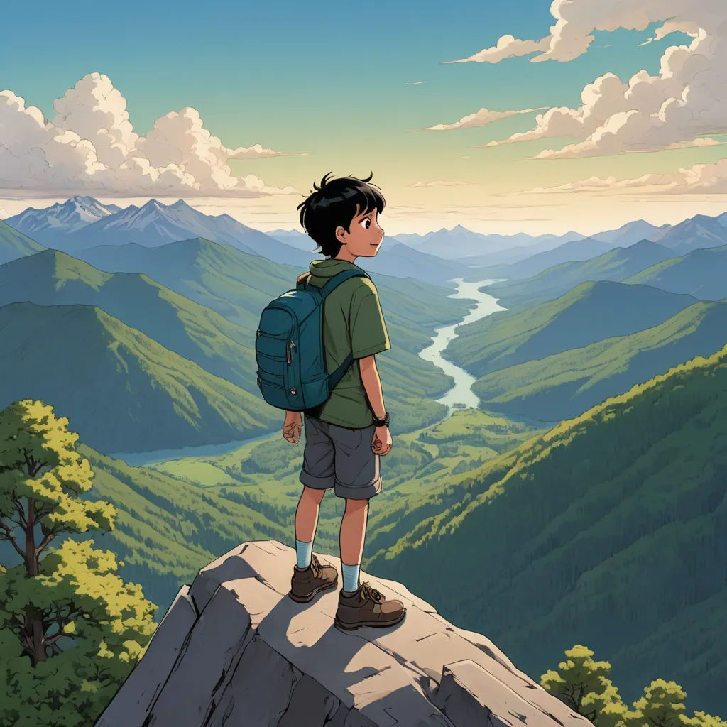 a boy standing on a cliff looking at the mountains and a river in the distance with a backpack on, environmental art, poster art, Atey Ghailan, ghibli