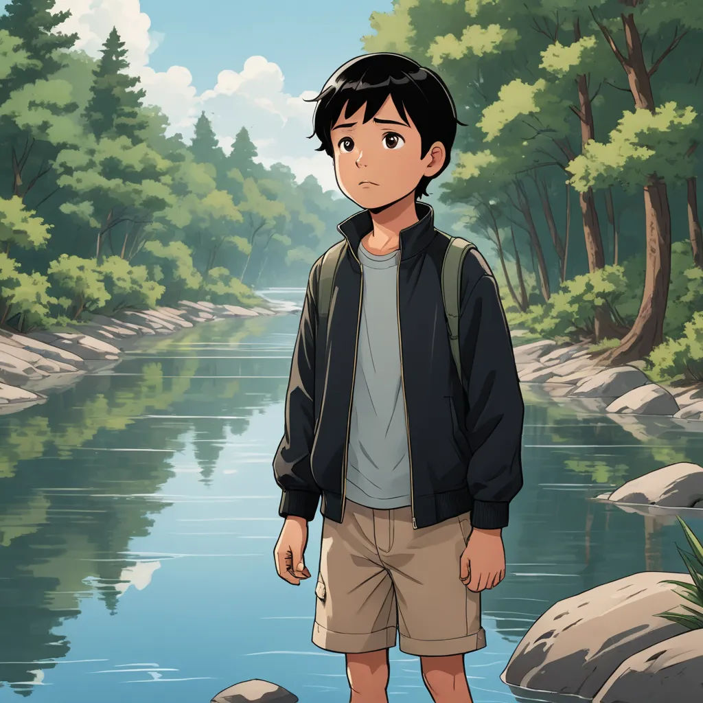 a man standing in front of a river with trees in the background and rocks in the foreground, and a forest in the background, environmental art, a character portrait, Adam Manyoki, official art