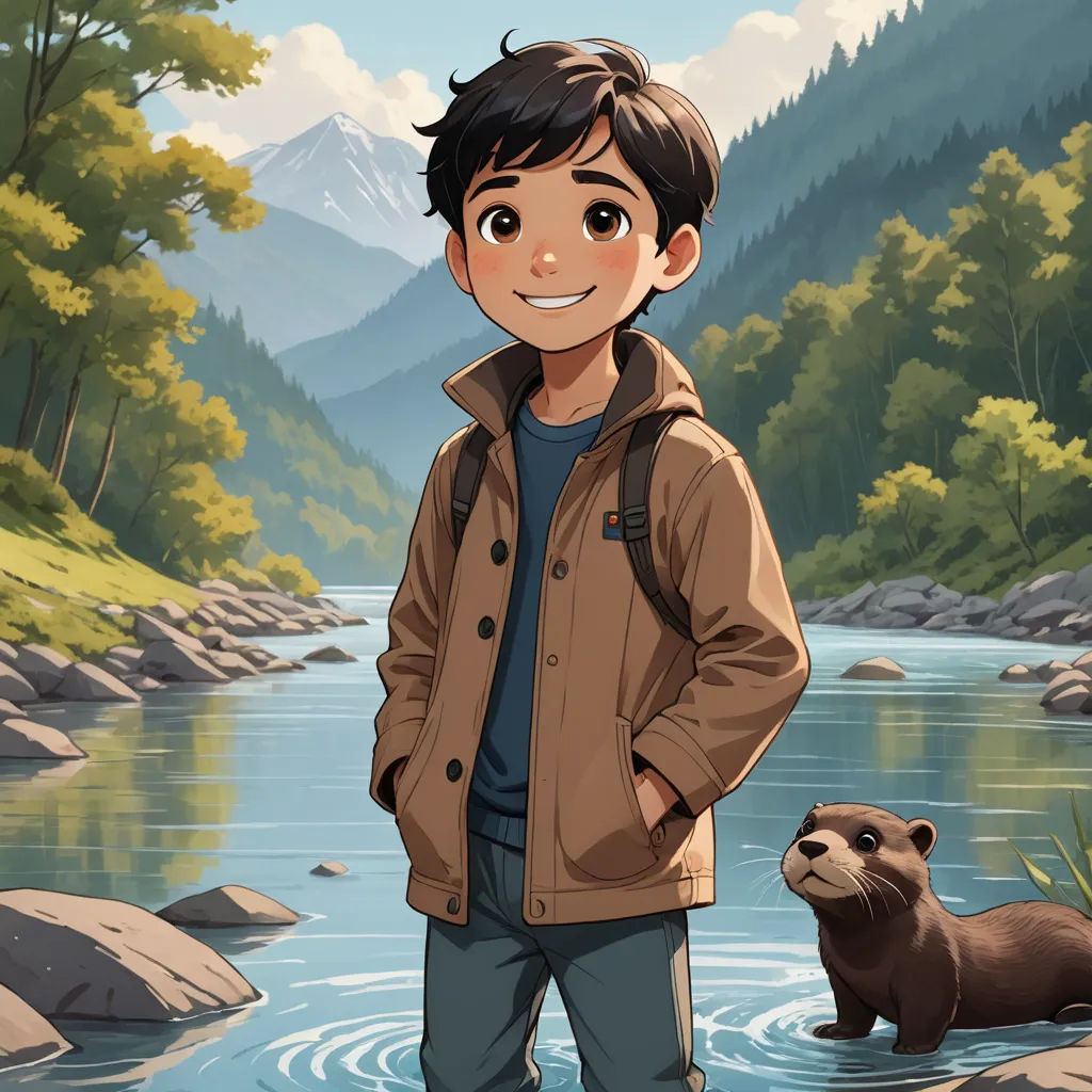 a boy standing in a river next to a bear and a mountain range with trees and rocks in the background, sots art, a character portrait, Everett Warner, official art