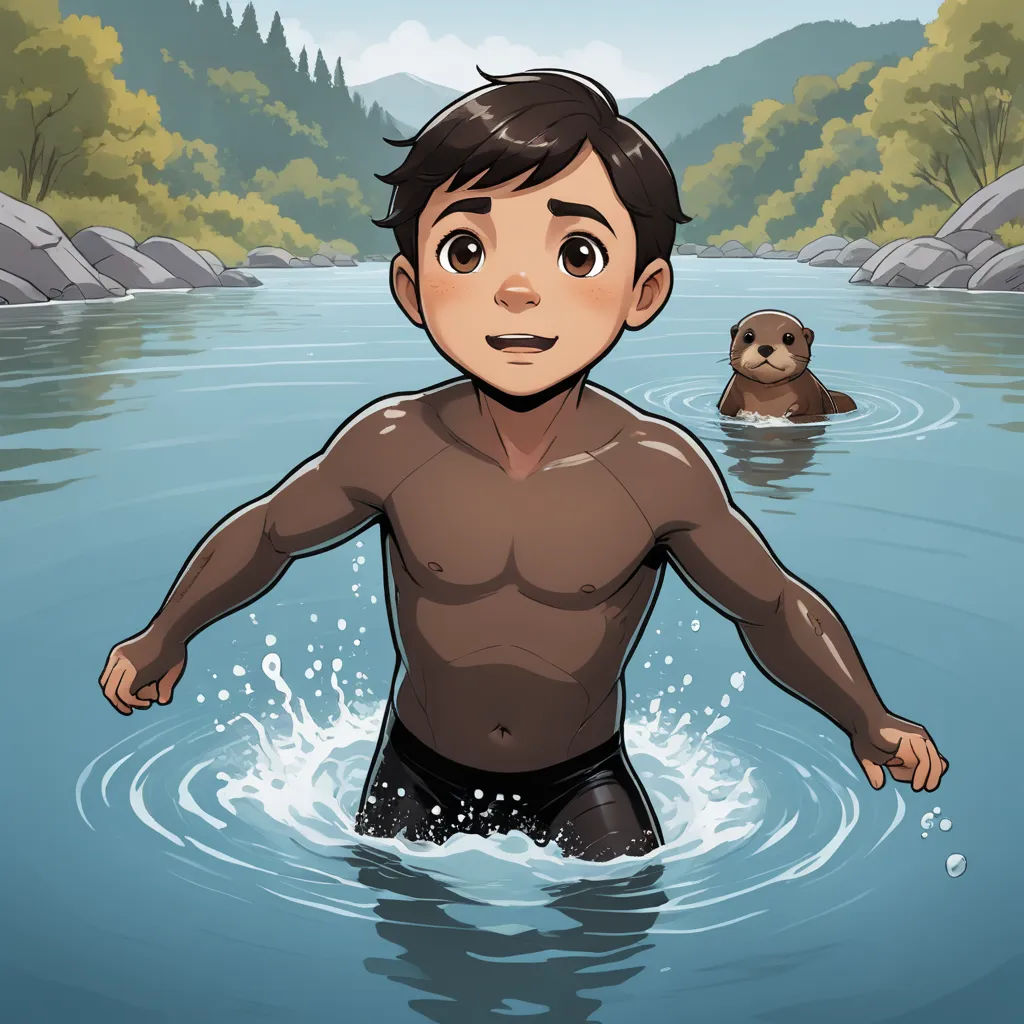 a man in a body of water with a bear in the background, and a cartoon of a man in a wet suit, sots art, a storybook illustration, Americo Makk, comic cover art