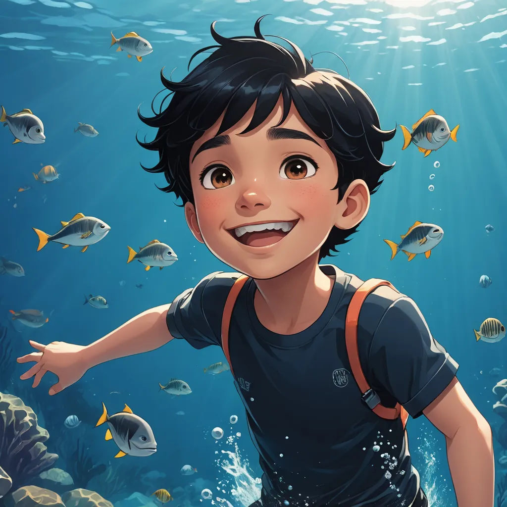 a boy is swimming in the ocean with fish around him and smiling at the camera with his hands out, photorealism, a storybook illustration, Diego Gisbert Llorens, rossdraws global illumination