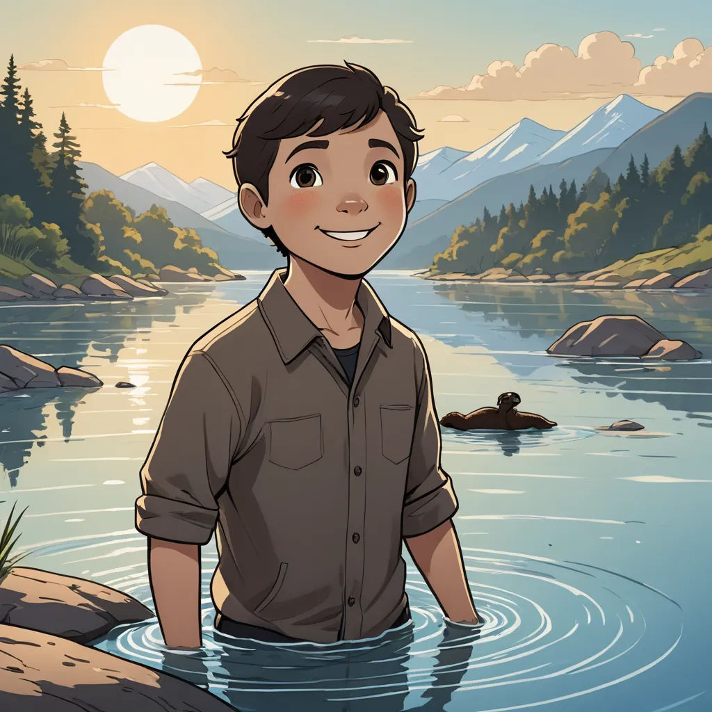 a man standing in a river with a mountain in the background and a lake in the foreground with a forest and a sun in the background, environmental art, a character portrait, Dan Content, official art
