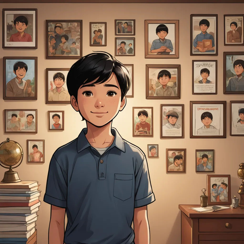 a boy standing in front of a wall with many pictures on it and a lamp on a table in front of him, serial art, a storybook illustration, Arthur Pan, graphic novel