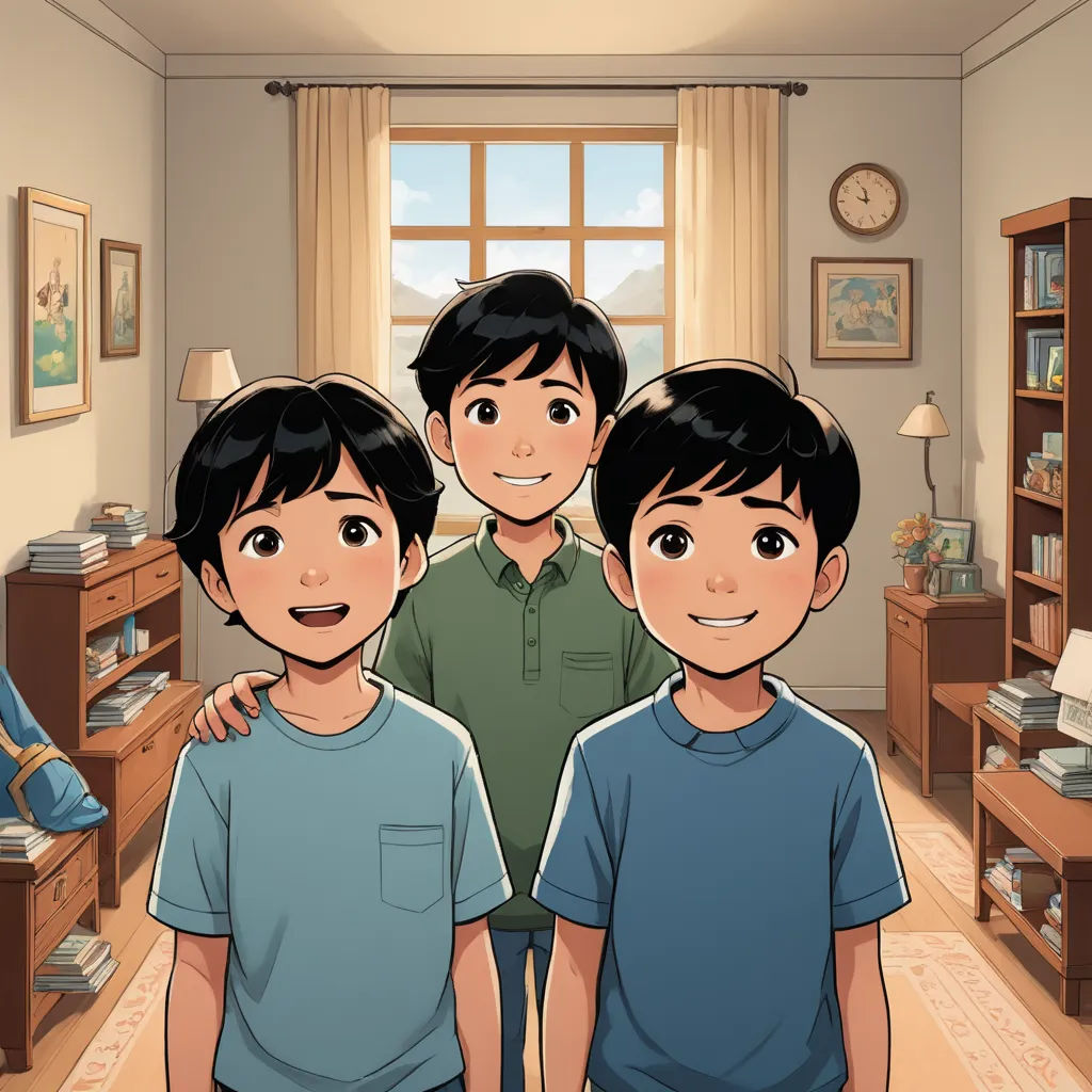 a couple of kids standing next to each other in a room with a window and a desk with a clock, lyco art, a storybook illustration, Fernando Amorsolo, graphic novel