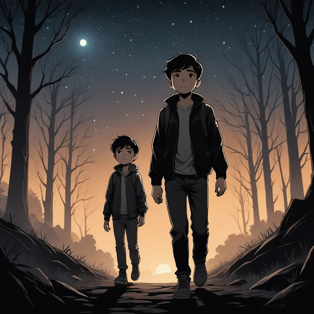 a man and a boy walking in the woods at night with the moon in the sky above them and a star above them, serial art, poster art, Diego Gisbert Llorens, graphic novel