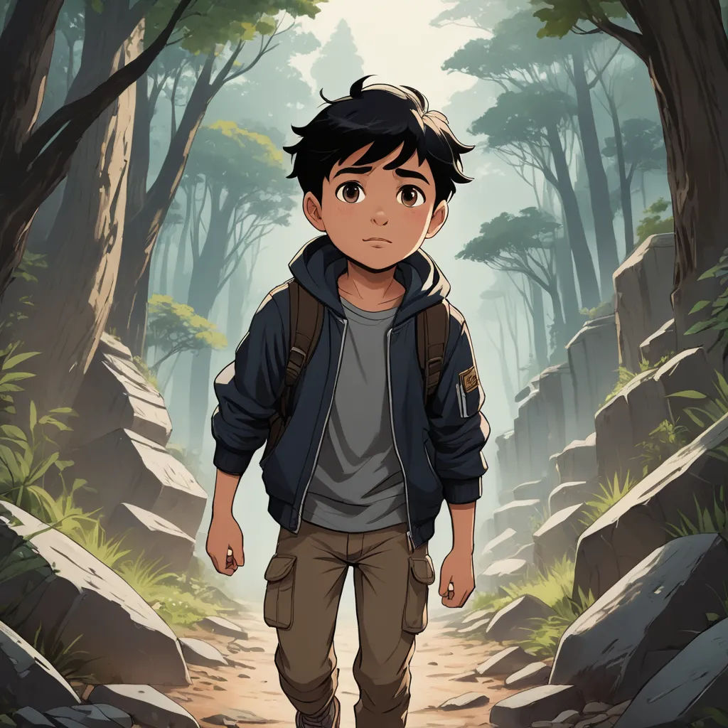 a boy in a jacket is walking through a forest with rocks and trees on either side of him and a trail in the background, sots art, a character portrait, Cliff Childs, official art