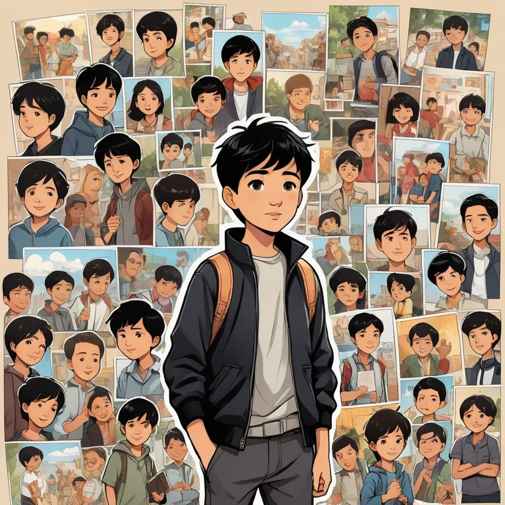 a boy standing in front of a bunch of pictures of him and his friends in the background of the picture, serial art, a poster, Asaf Hanuka, graphic novel