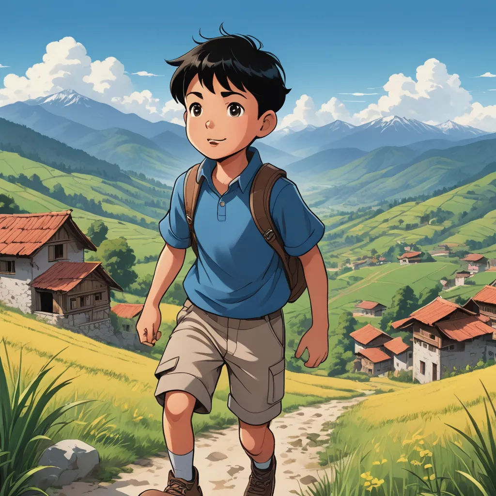 a boy with a backpack is walking down a path in a rural area with a mountain in the background, regionalism, a detailed matte painting, Cedric Seaut (Keos Masons), yukito kishiro