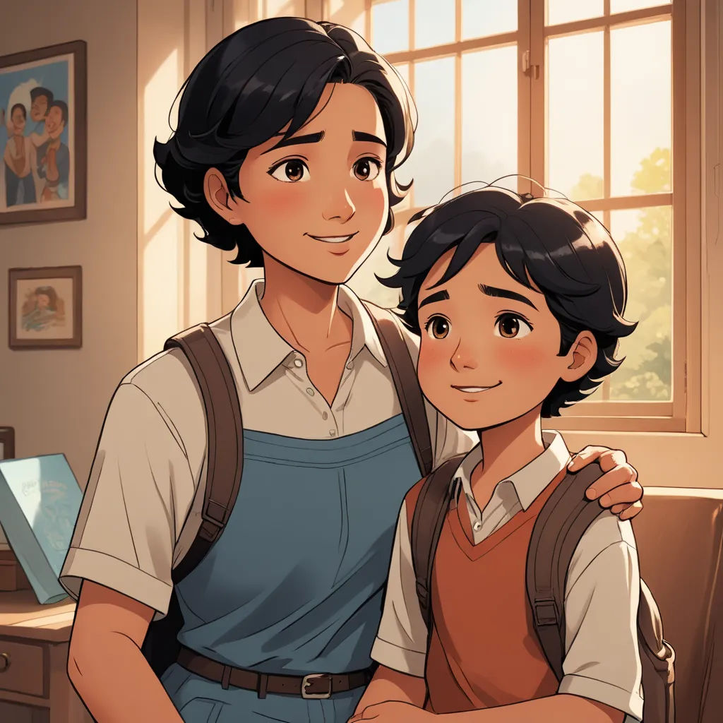 a boy and a girl are standing in front of a window and smiling at the camera, with a laptop on the table, vancouver school, a comic book panel, Fernando Amorsolo, official art
