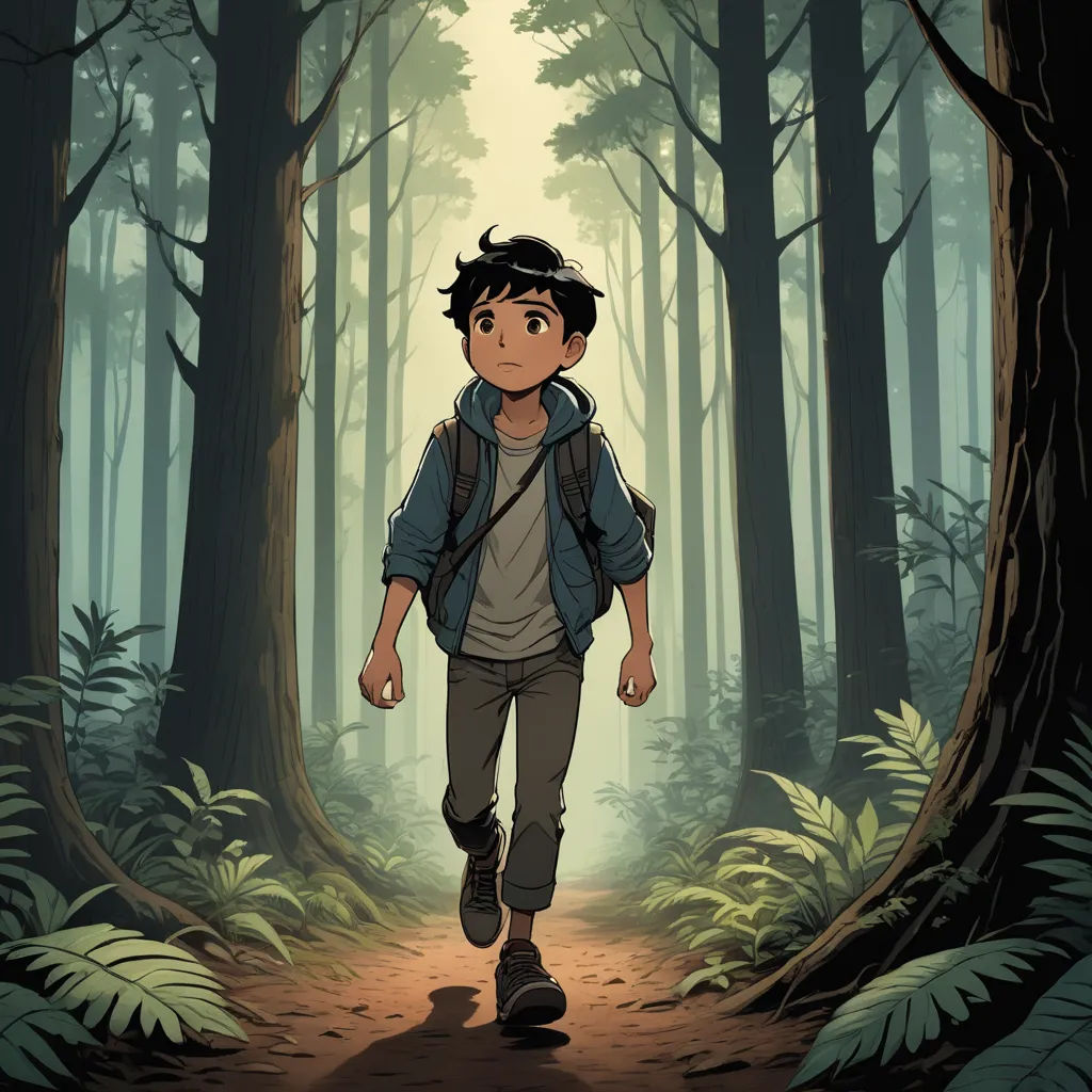 a boy walking through a forest with a backpack on his back and a backpack on his shoulder, in front of a sunlit forest, process art, concept art, Atey Ghailan, official art