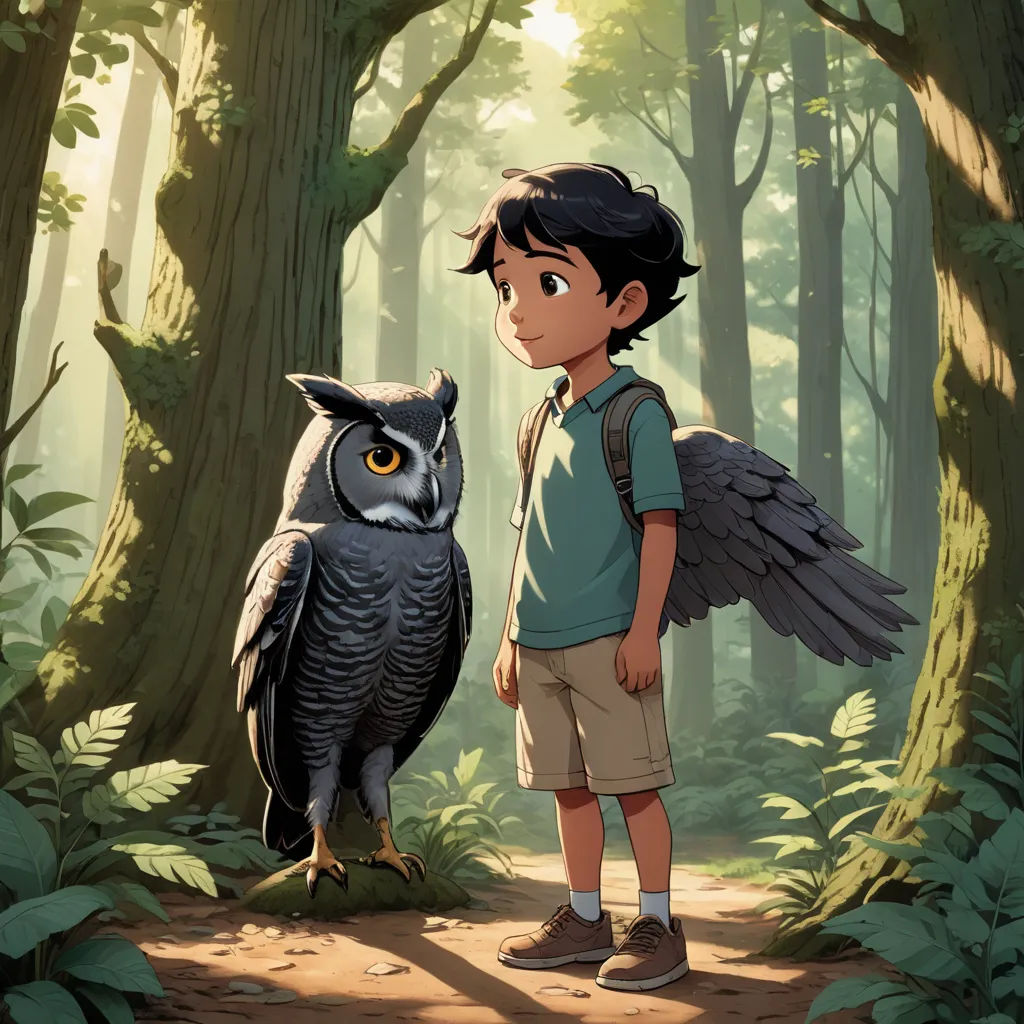 a boy standing in the woods with an owl on his shoulder and a backpack on his shoulder, looking at the camera, fantasy art, a storybook illustration, Cliff Childs, rossdraws global illumination