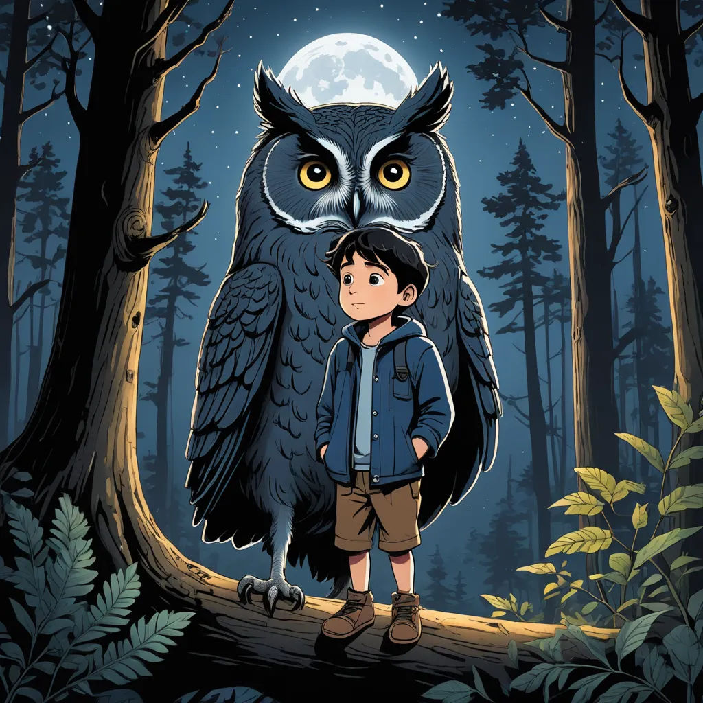 a boy standing on a tree branch with an owl on his shoulder and a full moon in the background, sots art, a storybook illustration, Diego Gisbert Llorens, storybook illustration