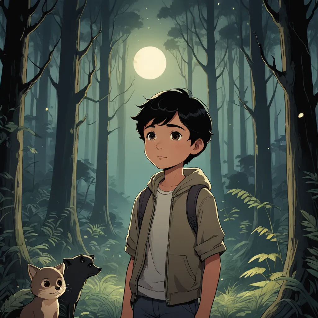 a boy standing in the woods with a dog and a cat looking at him with a full moon in the background, sots art, a character portrait, Atey Ghailan, comic cover art