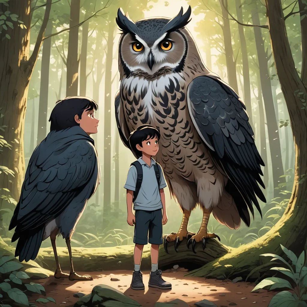 a boy and an owl standing in a forest with trees and leaves in the background, with a boy looking at the owl, sots art, poster art, Diego Gisbert Llorens, ghibli