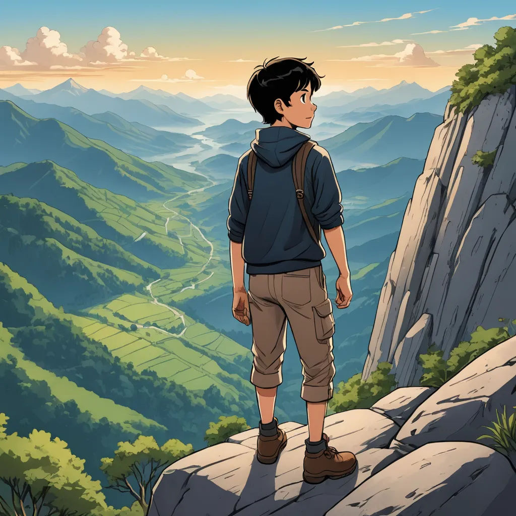 a boy standing on a cliff looking at the mountains and valleys below him with a backpack on his back, sots art, poster art, Atey Ghailan, official art