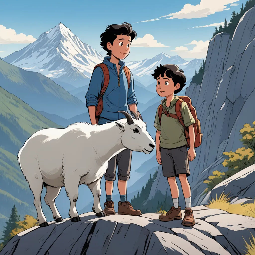 a boy and a boy standing on a mountain with a goat on the side of it and mountains in the background, lyco art, a storybook illustration, Diego Gisbert Llorens, ghibli