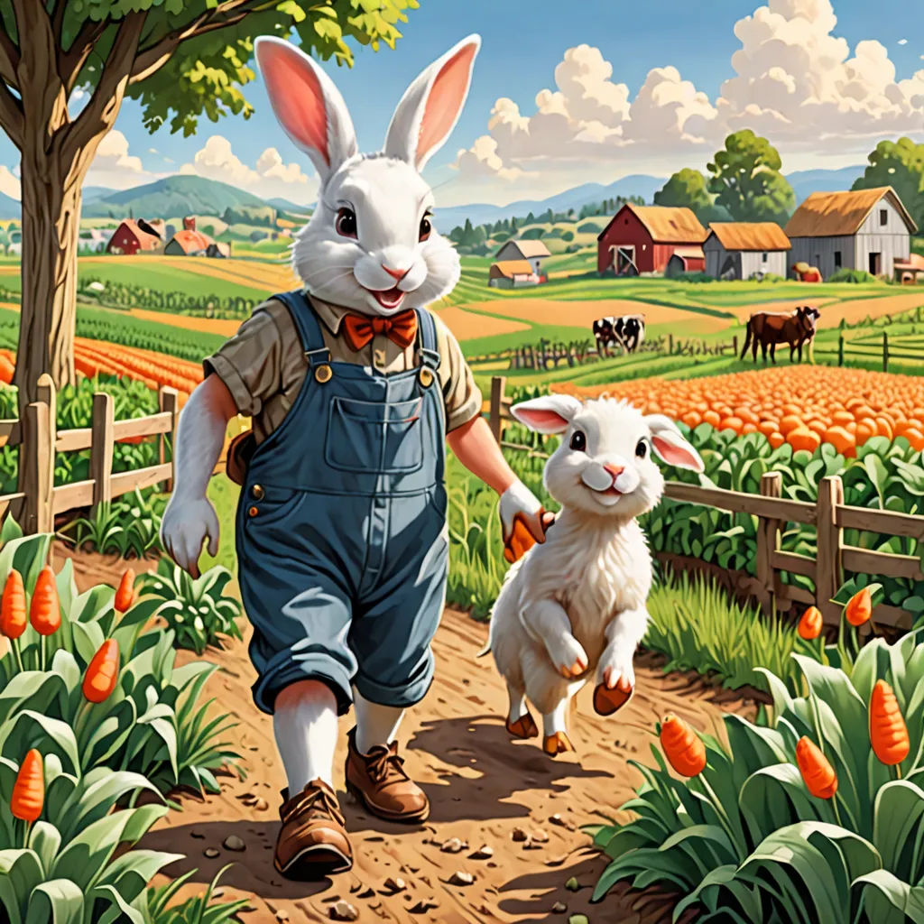 a painting of a man and a rabbit walking down a path in a field of carrots with a farm in the background, naive art, a storybook illustration, Bob Byerley, highly detailed digital painting