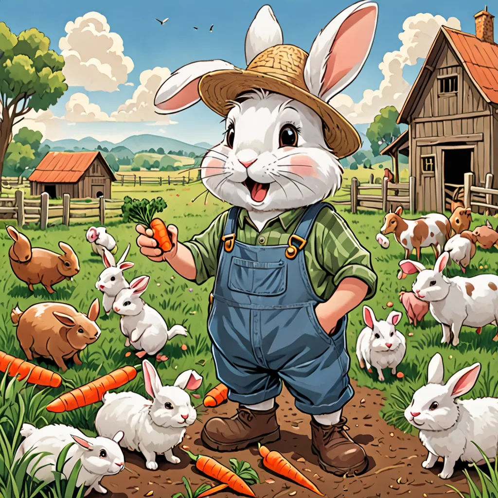 a cartoon bunny is standing in a field with carrots and rabbits in front of a barn and a farm, furry art, a storybook illustration, Chris LaBrooy, furaffinity