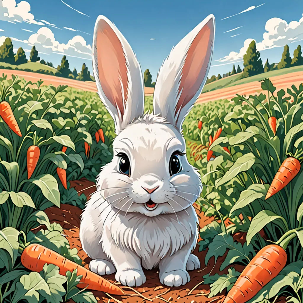 a rabbit sitting in a field of carrots with a sky background and clouds above it, with a blue sky and white clouds, pop surrealism, a storybook illustration, Chris LaBrooy, josan gonzales and dan mumford